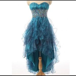 Teal High Low Strapless Dress.
